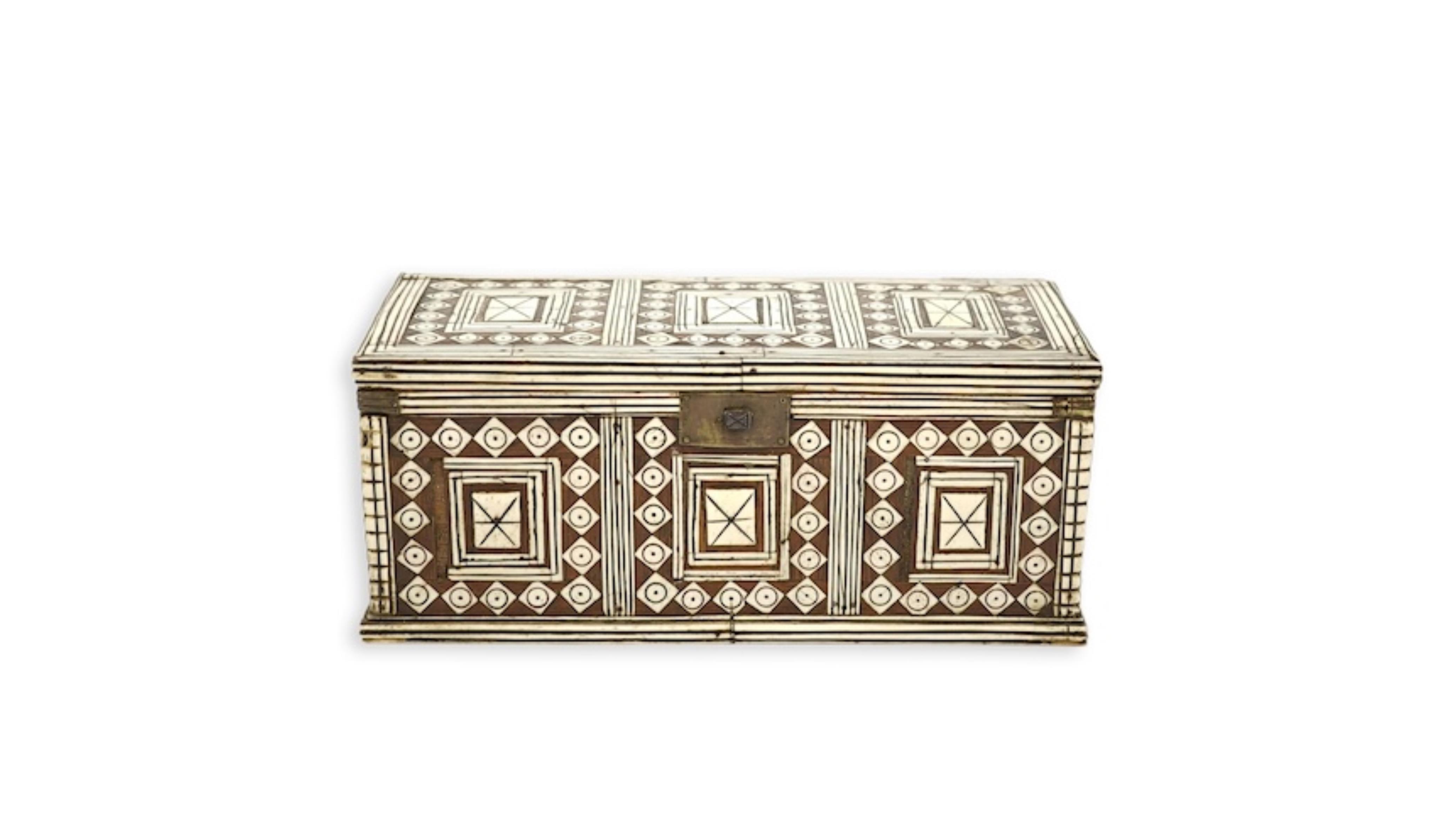 A 17th/18th century Indo-Colonial bone and hardwood inlaid box